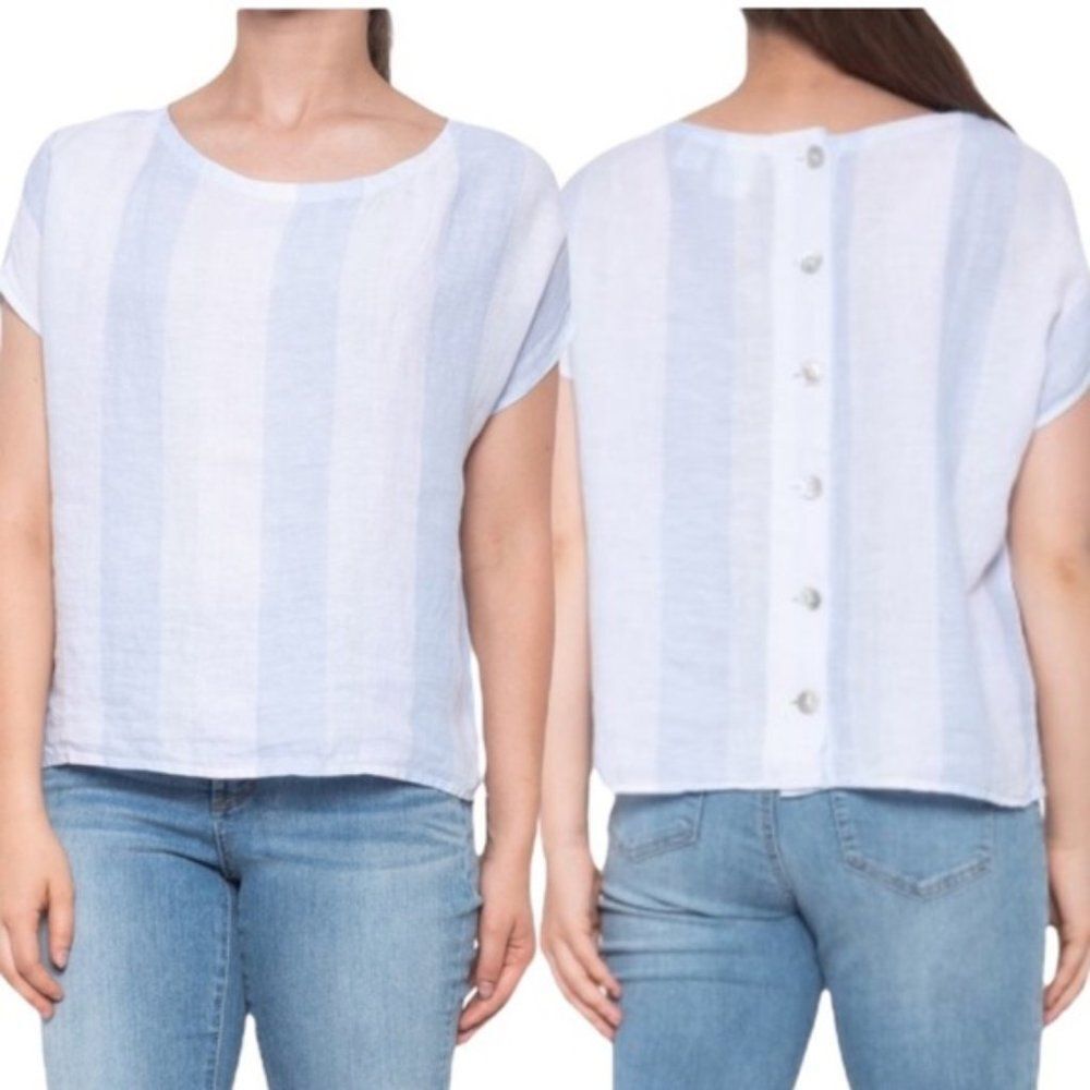 C&C California Striped Linen Button-Back Short Sleeve Blouse Top (NWT)